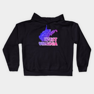 Colorful mandala art map of West Virginia with text in blue and violet Kids Hoodie